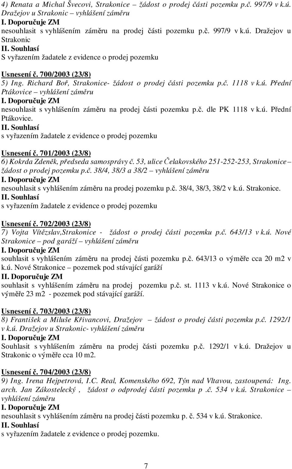 ú. Přední Ptákovice. s vyřazením žadatele z evidence o prodej pozemku Usnesení č. 701/2003 (23/8) 6) Kokrda Zdeněk, předseda samosprávy č.