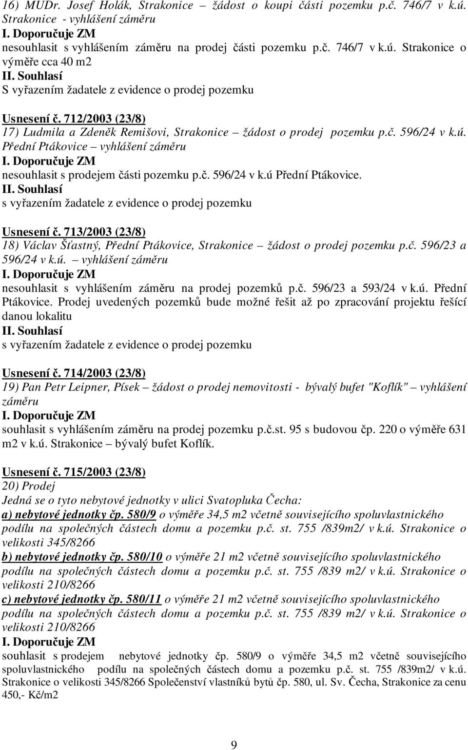 s vyřazením žadatele z evidence o prodej pozemku Usnesení č. 713/2003 (23/8) 18) Václav Šťastný, Přední Ptákovice, Strakonice žádost o prodej pozemku p.č. 596/23 a 596/24 v k.ú.