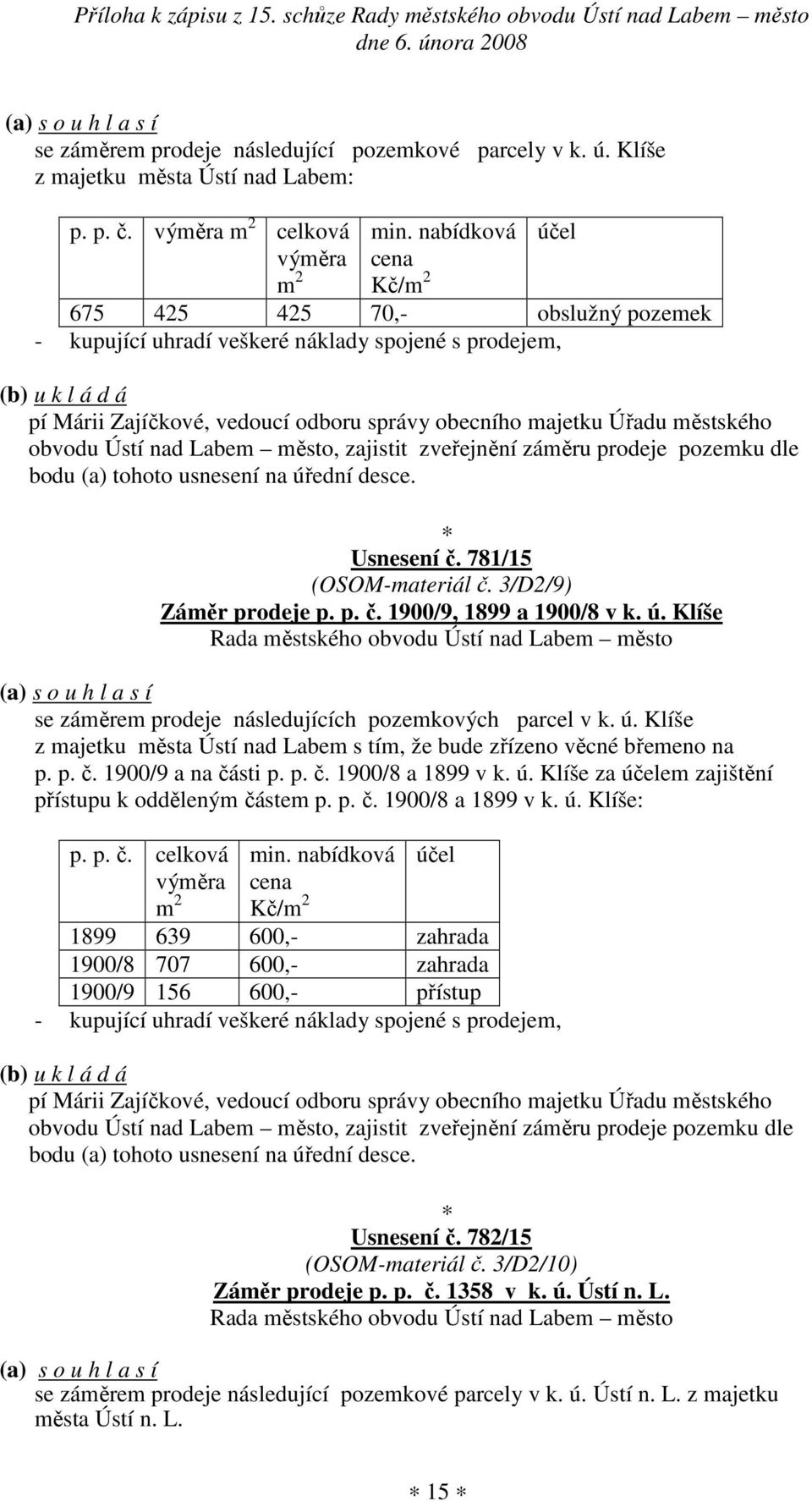 tohoto usnesení na úřední desce. Usnesení č. 781/15 (OSOM-materiál č. 3/D2/9) Záměr prodeje p. p. č. 1900/9, 1899 a 1900/8 v k. ú. Klíše se záměrem prodeje následujících pozemkových parcel v k. ú. Klíše z majetku města Ústí nad Labem s tím, že bude zřízeno věcné břemeno na p.