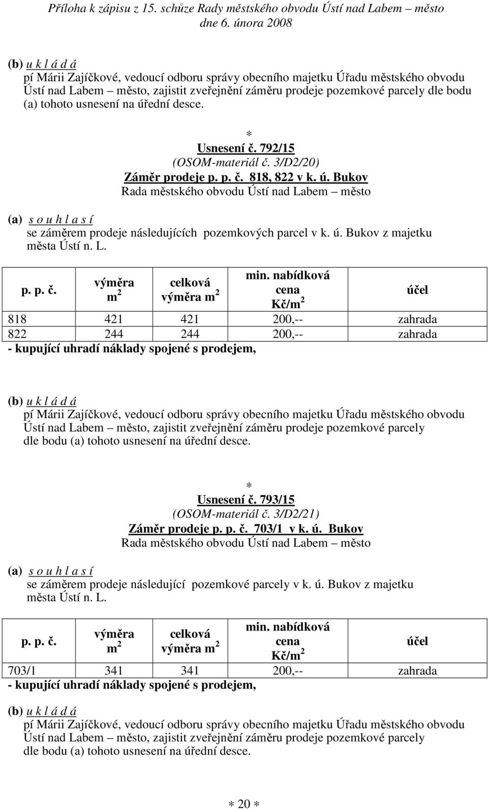 Kč/ 818 421 421 200,-- zahrada 822 244 244 200,-- zahrada Ústí nad Labem město, zajistit zveřejnění záměru prodeje pozemkové parcely dle bodu (a) tohoto usnesení na úřední desce. Usnesení č.