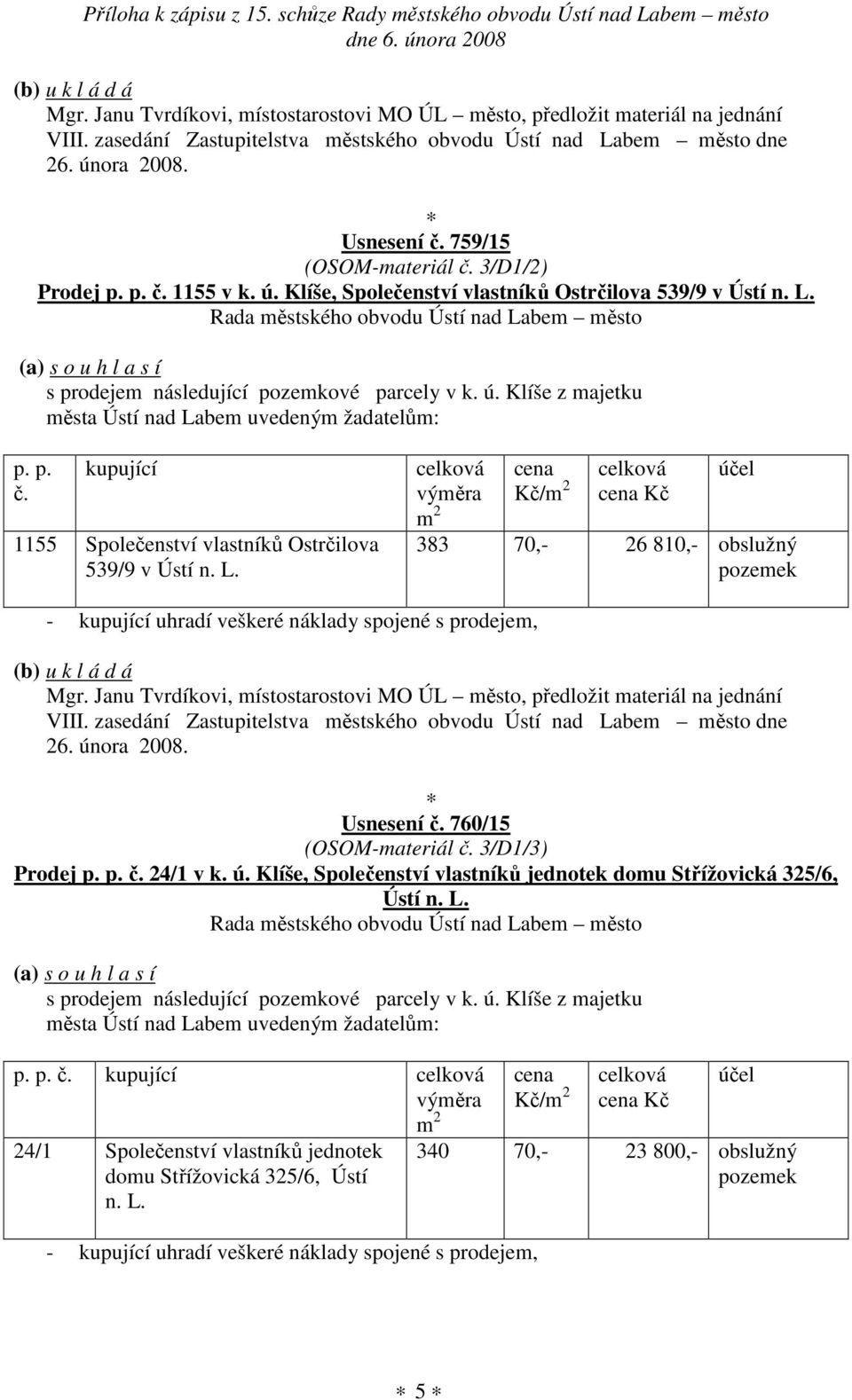 p. č. kupující 1155 Společenství vlastníků Ostrčilova 539/9 v Ústí n. L. Kč/ Kč 383 70,- 26 810,- obslužný pozemek  760/15 (OSOM-materiál č. 3/D1/3) Prodej p. p. č. 24/1 v k. ú.