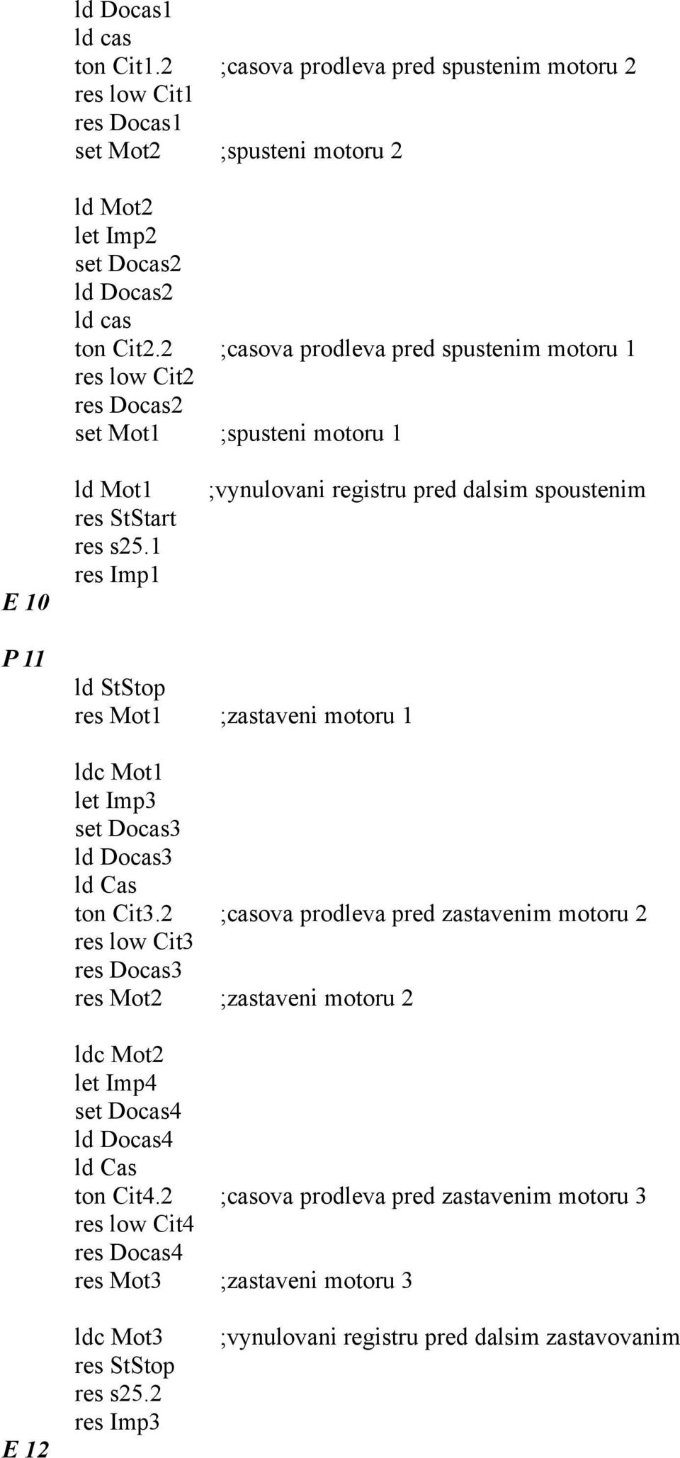 res Imp ;vynulovani registru pred dalsim spoustenim P ld StStop res Mot ;zastaveni motoru ldc Mot let Imp3 set Docas3 ld Docas3 ld Cas ton Cit3.