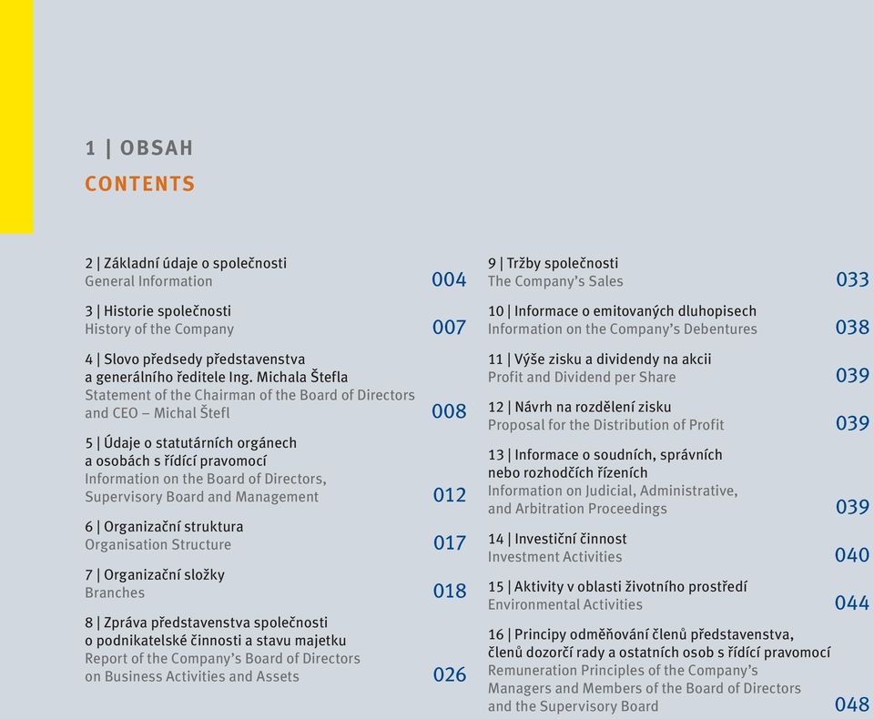 Supervisory Board and Management 012 6 Organizační struktura Organisation Structure 017 7 Organizační složky Branches 018 8 Zpráva představenstva společnosti o podnikatelské činnosti a stavu majetku