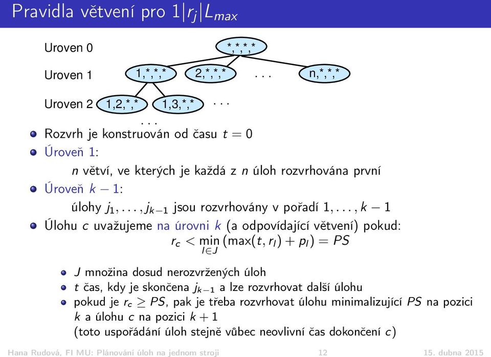 .., k 1 Úlohu c uvažujeme na úrovni k (a odpovídající větvení) pokud: r c < min (max(t, r l) + p l ) = PS l J J množina dosud nerozvržených úloh t čas, kdy je skončena j k 1 a lze