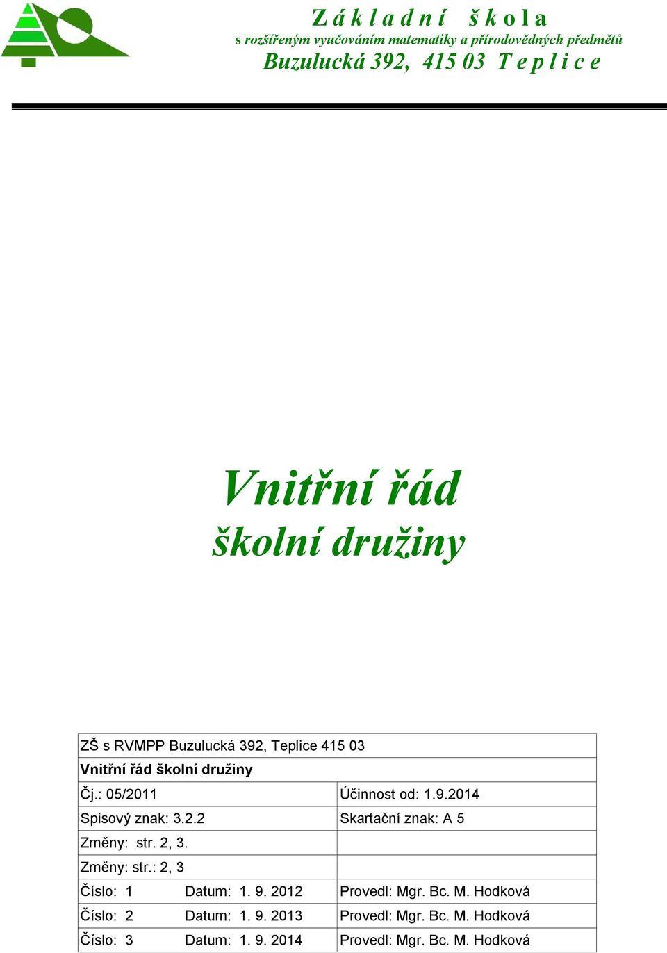 2.2 Skartační znak: A 5 Změny: str. 2, 3. Změny: str.: 2, 3 Číslo: 1 Datum: 1. 9. 2012 Provedl: Mg