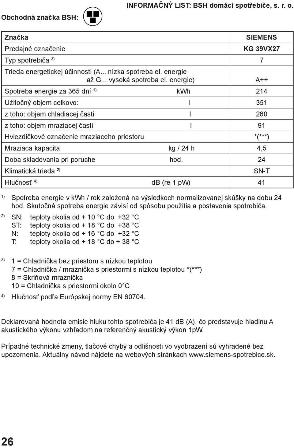 energie) Spotreba energie za 365 dní kwh 214 Užitočný objem celkovo: l 351 z toho: objem chladiacej časti l 260 z toho: objem mraziacej časti l 91 Hviezdičkové označenie mraziaceho priestoru *(***)