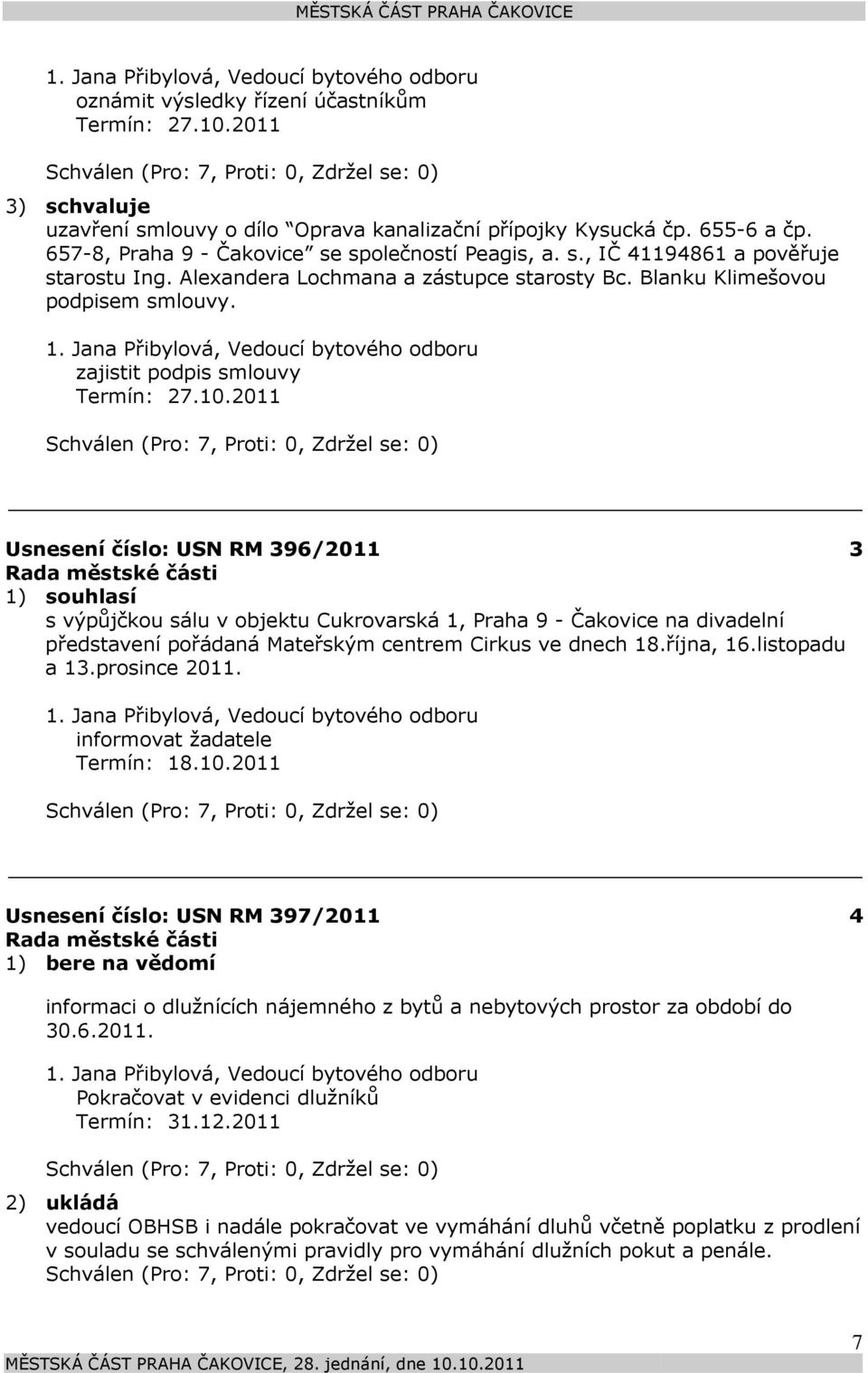 2011 Usnesení číslo: 396/2011 3 1) souhlasí s výpůjčkou sálu v objektu Cukrovarská 1, Praha 9 - Čakovice na divadelní představení pořádaná Mateřským centrem Cirkus ve dnech 18.října, 16.