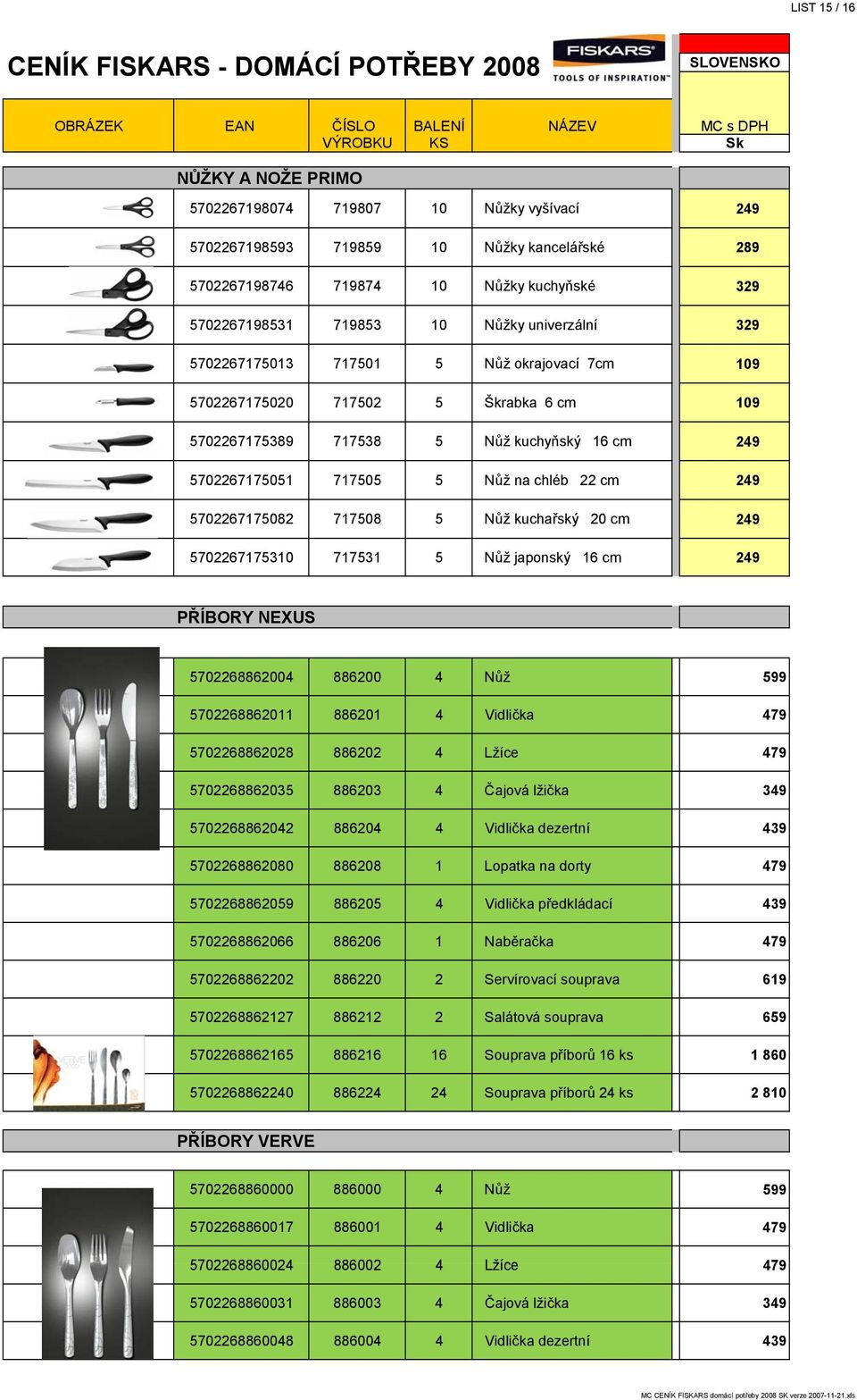 5702267175082 717508 5 Nůž kuchařský 20 cm 249 5702267175310 717531 5 Nůž japonský 16 cm 249 PŘÍBORY NEXUS 5702268862004 886200 4 Nůž 599 5702268862011 886201 4 Vidlička 479 5702268862028 886202 4