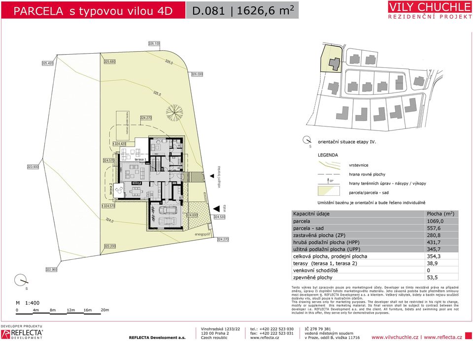 bazénu je orientační a bude řešeno individuálně Kapacitní údaje Plocha (m 2 ) parcela 1069,0 323,200 energopilíř 240 l 240 l 324,270 parcela - sad zastavěná plocha (ZP) hrubá podlažní plocha (HPP)