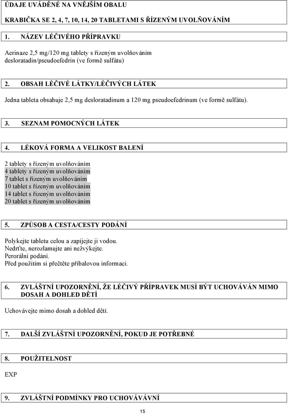 OBSAH LÉČIVÉ LÁTKY/LÉČIVÝCH LÁTEK Jedna tableta obsahuje 2,5 mg desloratadinum a 120 mg pseudoefedrinum (ve formě sulfátu). 3. SEZNAM POMOCNÝCH LÁTEK 4.