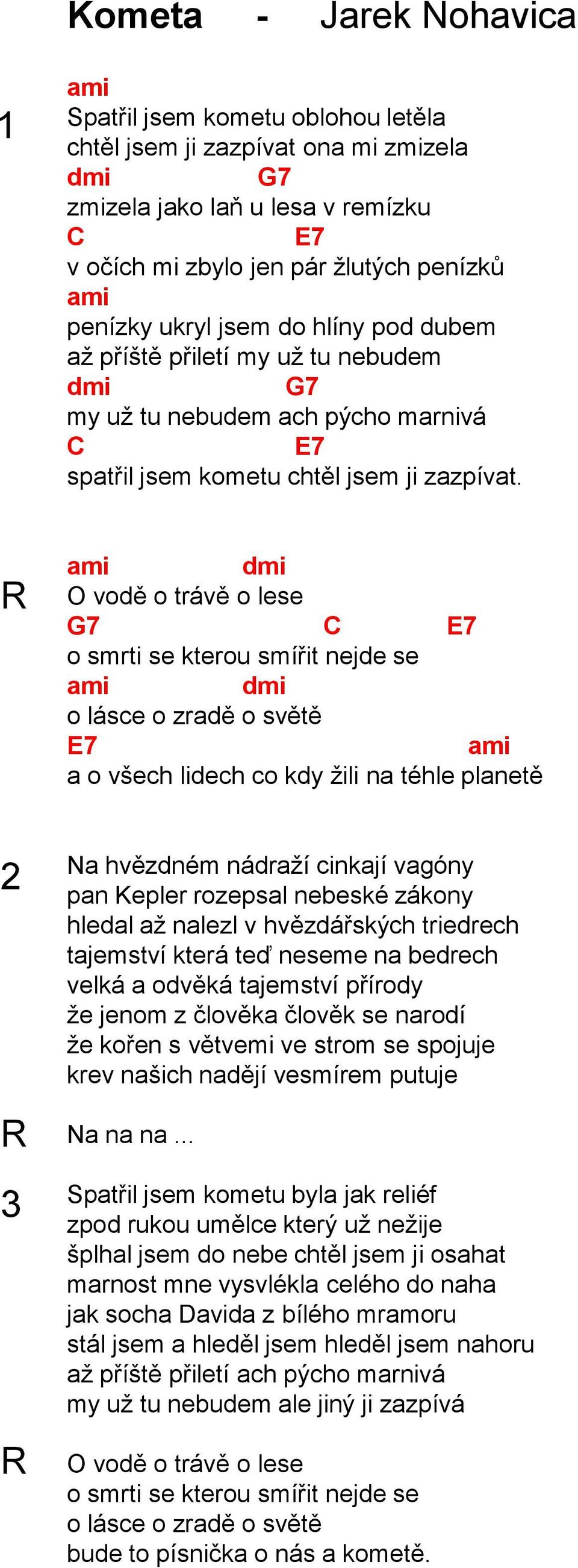 ami dmi O vodě o trávě o lese G7 C E7 o smrti se kterou smířit nejde se ami dmi o lásce o zradě o světě E7 ami a o všech lidech co kdy žili na téhle planetě 2 3 Na hvězdném nádraží cinkají vagóny pan