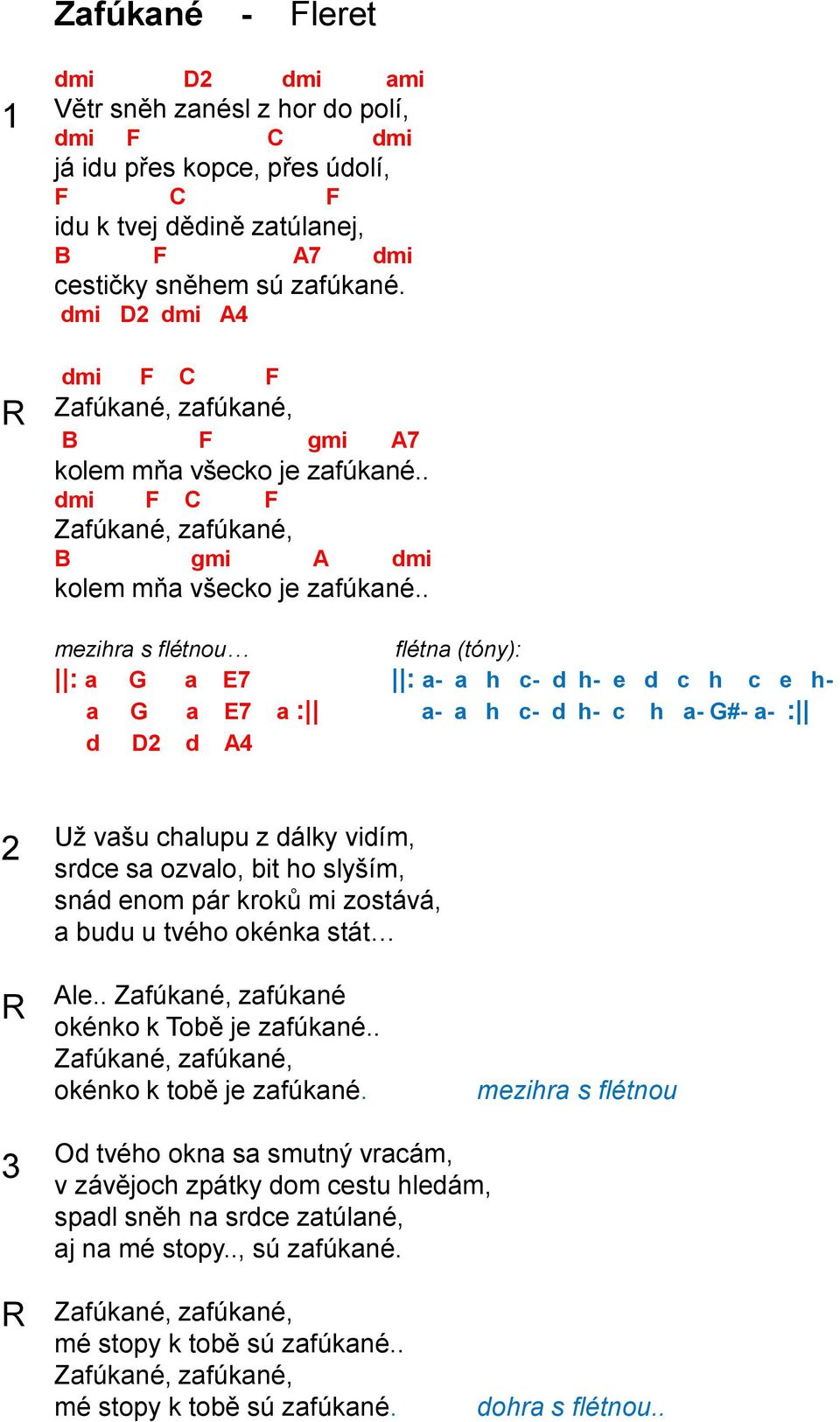 . mezihra s flétnou flétna (tóny): : a G a E7 : a- a h c- d h- e d c h c e h- a G a E7 a : a- a h c- d h- c h a- G#- a- : d D2 d A4 2 Už vašu chalupu z dálky vidím, srdce sa ozvalo, bit ho slyším,