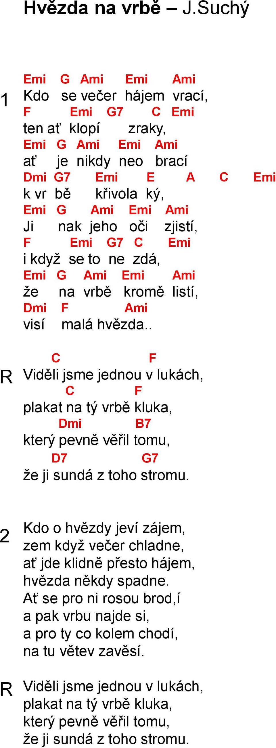 nak jeho oči zjistí, F Emi G7 C Emi i když se to ne zdá, Emi G Ami Emi Ami že na vrbě kromě listí, Dmi F Ami visí malá hvězda.