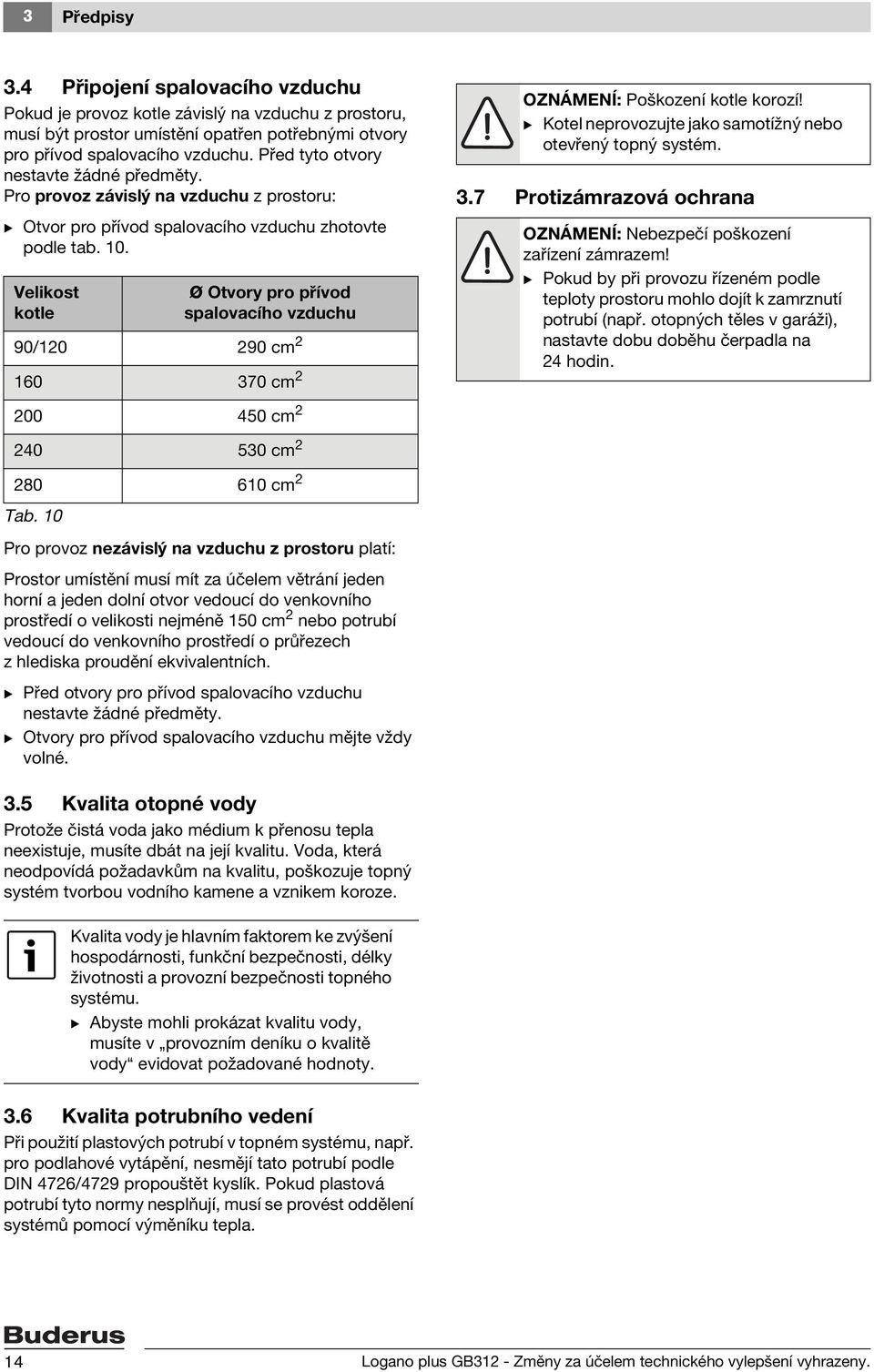 Velikost kotle Ø Otvory pro přívod spalovacího vzduchu 90/120 290 cm 2 160 370 cm 2 200 450 cm 2 240 530 cm 2 280 610 cm 2 Tab.