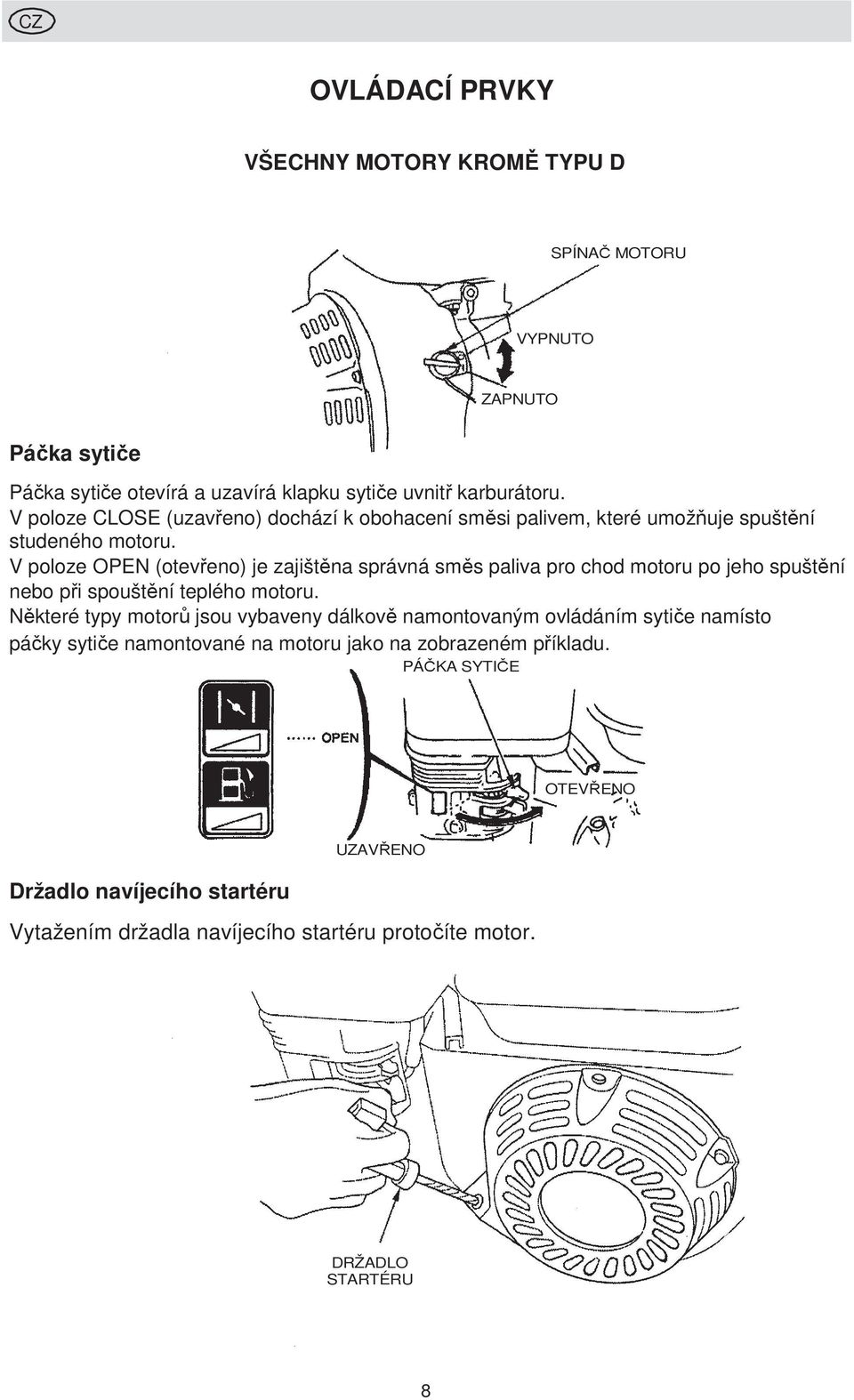 V poloze OPEN (otevřeno) je zajištěna správná směs paliva pro chod motoru po jeho spuštění nebo při spouštění teplého motoru.