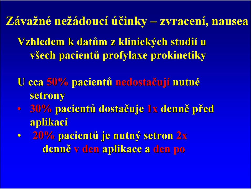 pacientů nedostačují nutné setrony 30% pacientů dostačuje 1x denně