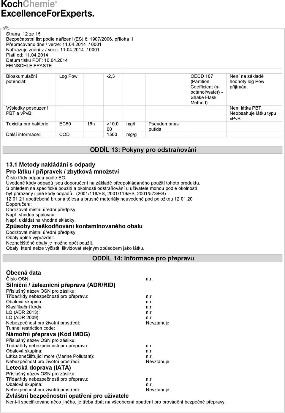 1 Metody nakládání s odpady Pro látku / přípravek / zbytková množství Číslo třídy odpadu podle EG: Uvedené kódy odpadů jsou doporučení na základě předpokládaného použití tohoto produktu.