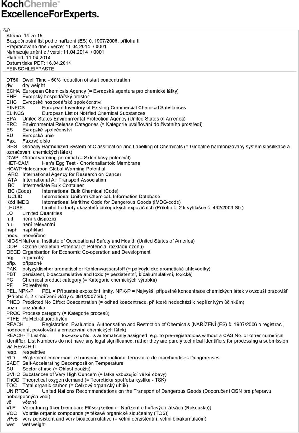 Agency (United States of America) ERC Environmental Release Categories (= Kategorie uvolňování do životního prostředí) ES Evropské společenství EU Evropská unie Fax.