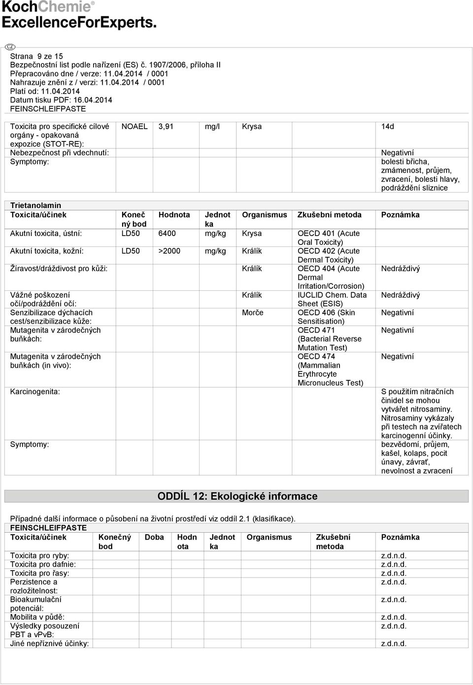 Oral Toxicity) Akutní toxicita, kožní: LD50 >2000 mg/kg Králík OECD 402 (Acute Dermal Toxicity) Žíravost/dráždivost pro kůži: Králík OECD 404 (Acute Nedráždivý Dermal Irritation/Corrosion) Vážné