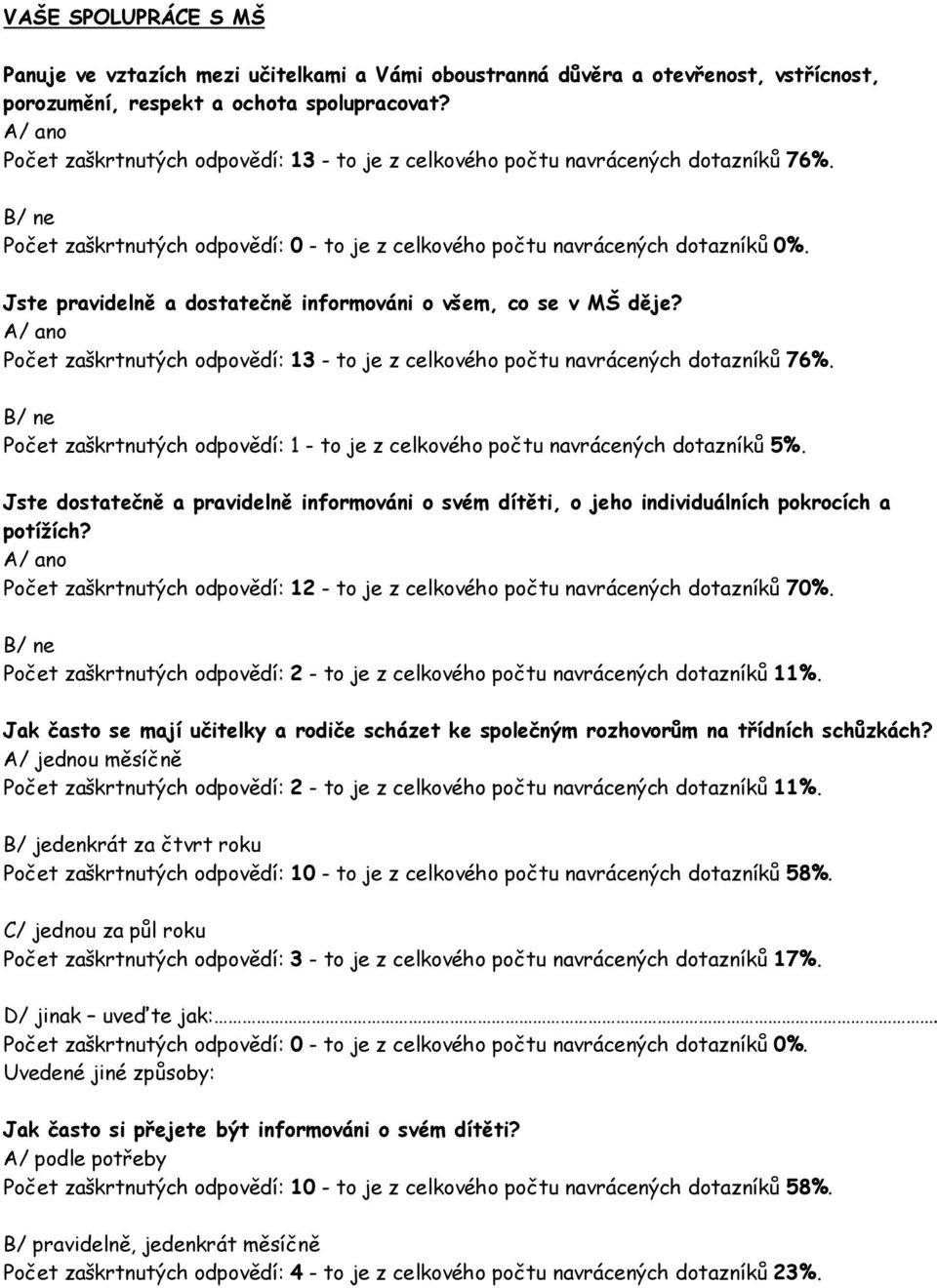 Počet zaškrtnutých odpovědí: 12 - to je z celkového počtu navrácených dotazníků 70%. Jak často se mají učitelky a rodiče scházet ke společným rozhovorům na třídních schůzkách?