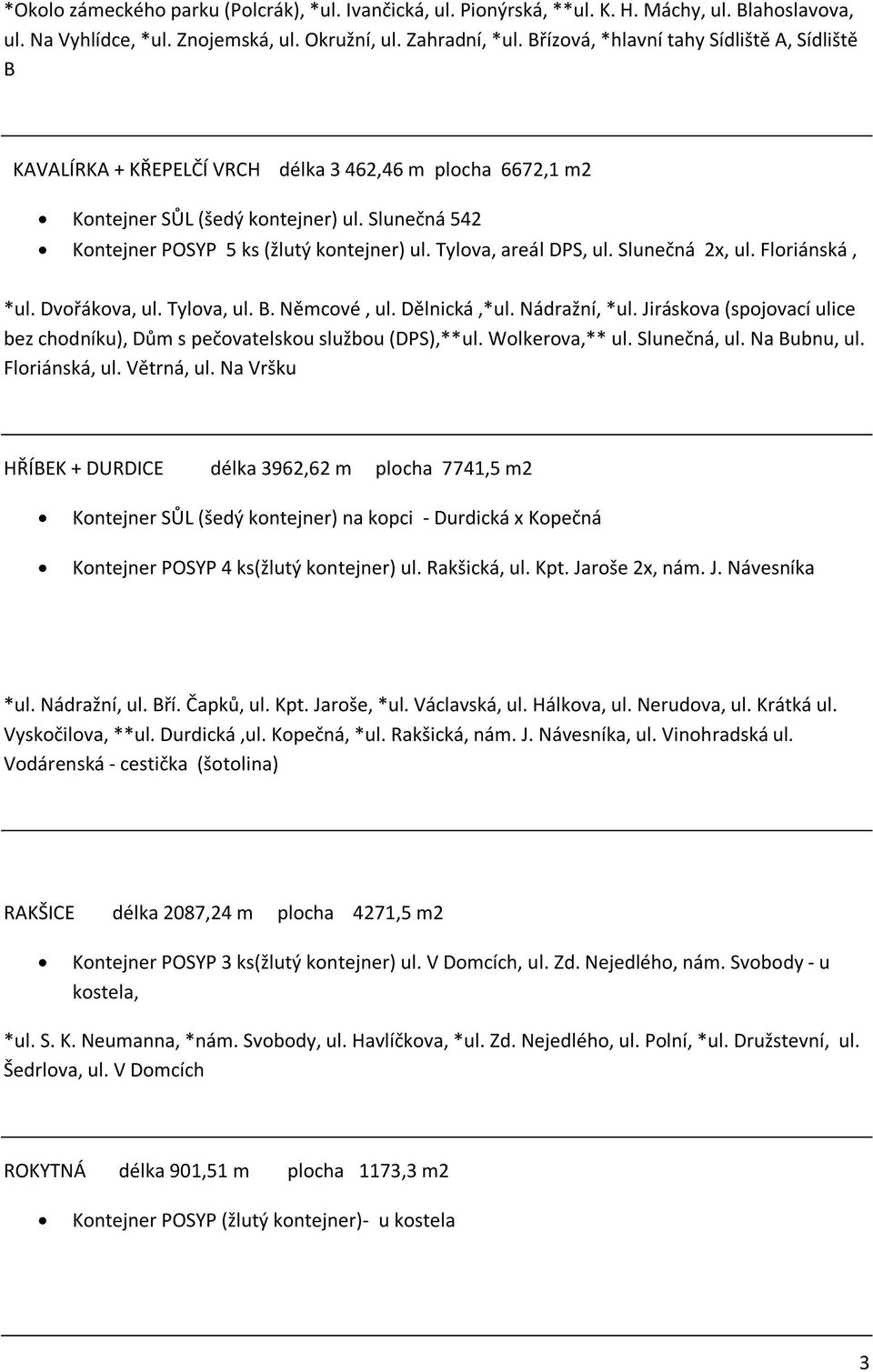 Tylova, areál DPS, ul. Slunečná 2x, ul. Floriánská, *ul. Dvořákova, ul. Tylova, ul. B. Němcové, ul. Dělnická,*ul. Nádražní, *ul.