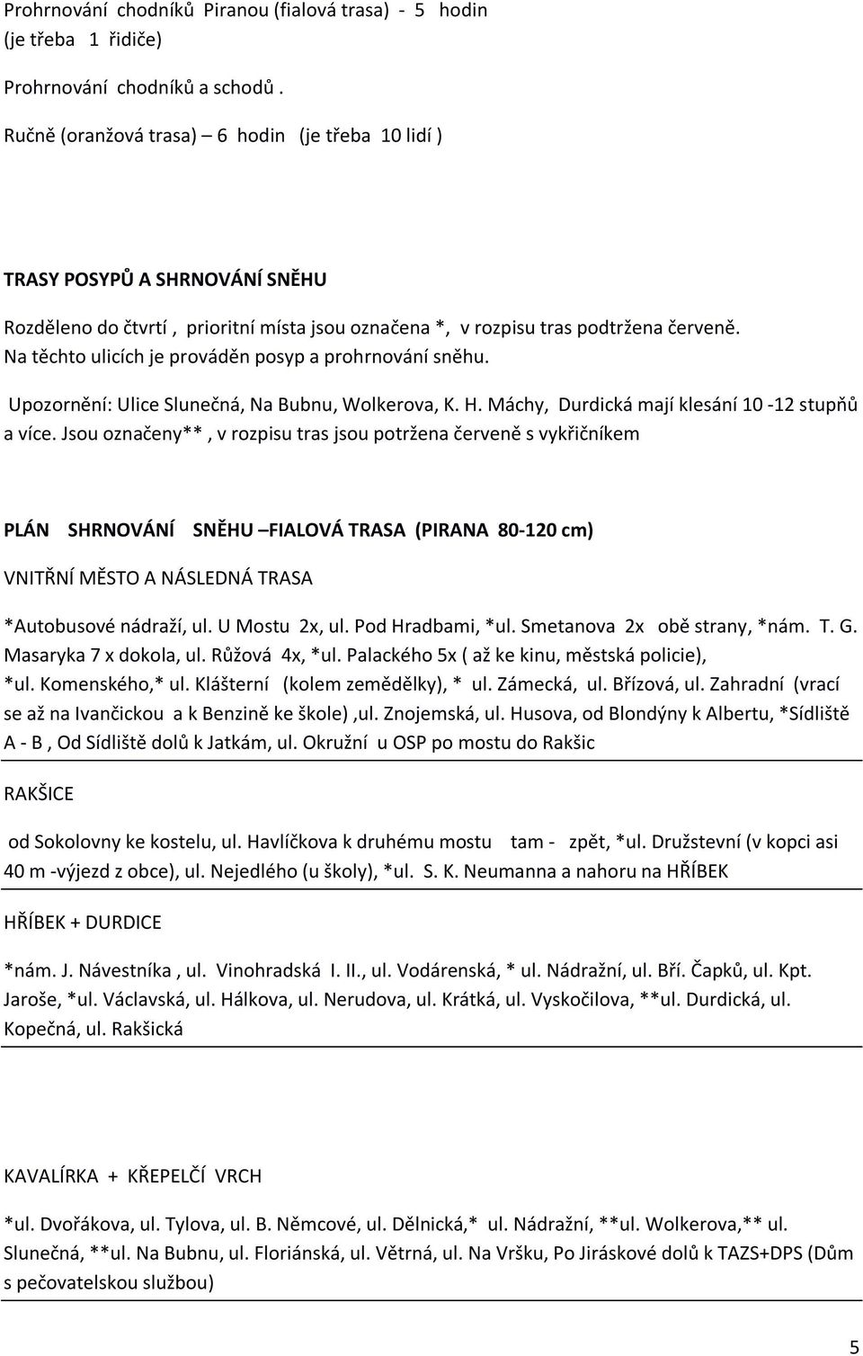 Na těchto ulicích je prováděn posyp a prohrnování sněhu. Upozornění: Ulice Slunečná, Na Bubnu, Wolkerova, K. H. Máchy, Durdická mají klesání 10-12 stupňů a více.