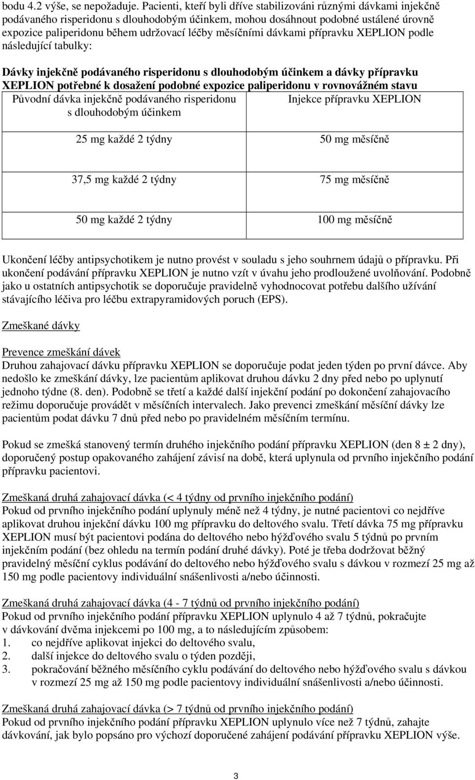 měsíčními dávkami přípravku XEPLION podle následující tabulky: Dávky injekčně podávaného risperidonu s dlouhodobým účinkem a dávky přípravku XEPLION potřebné k dosažení podobné expozice paliperidonu