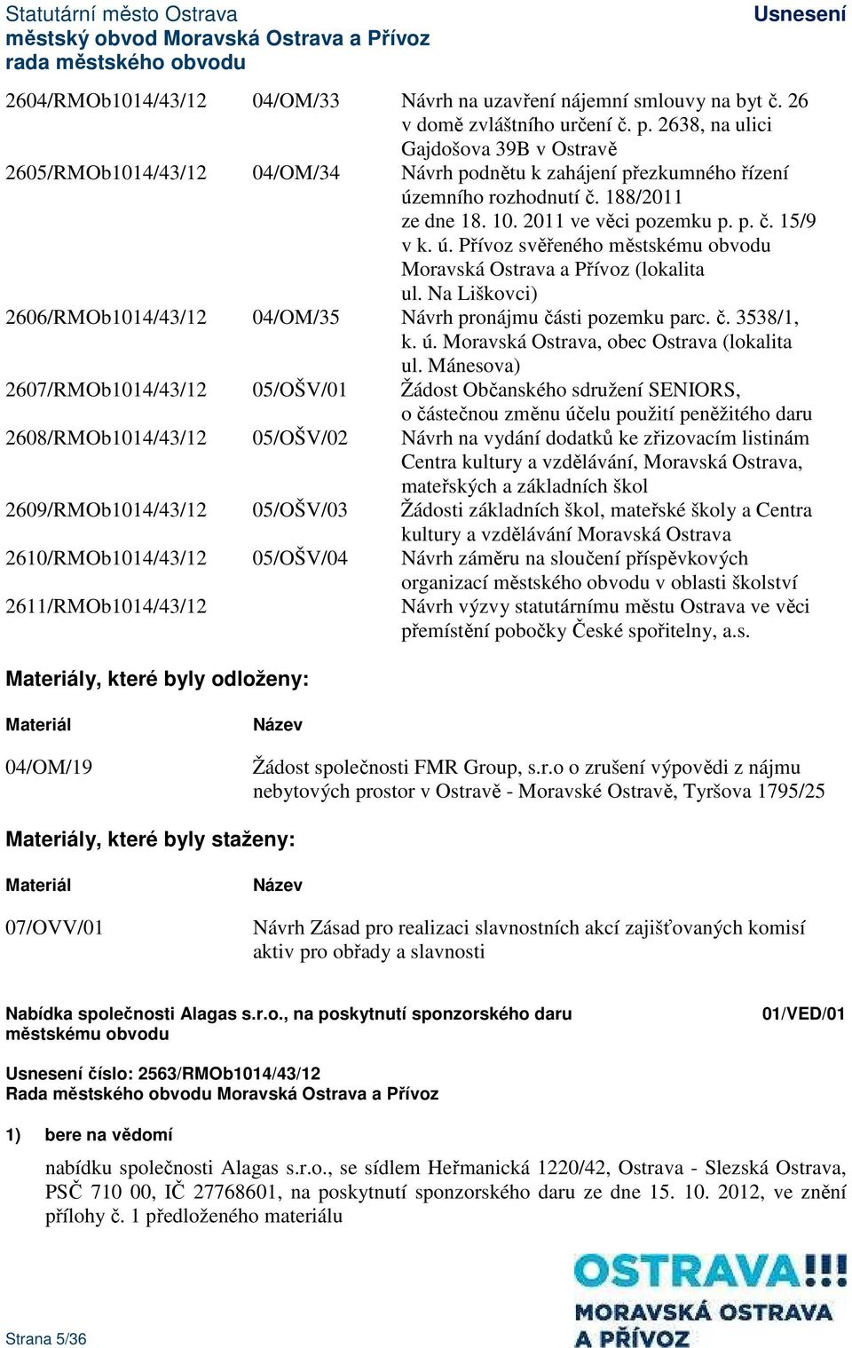 ú. Přívoz svěřeného městskému obvodu Moravská Ostrava a Přívoz (lokalita ul. Na Liškovci) 2606/RMOb1014/43/12 04/OM/35 Návrh pronájmu části pozemku parc. č. 3538/1, k. ú.