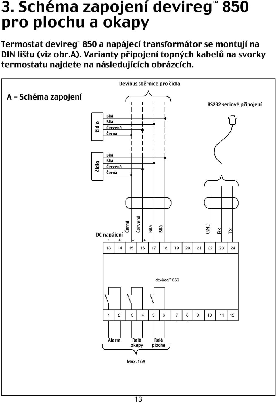 Dansk Devibus sběrnice pro čidla A Schéma zapojení RS232 seriové připojení čidlo čidlo Bílá Bílá Červená Černá Bílá
