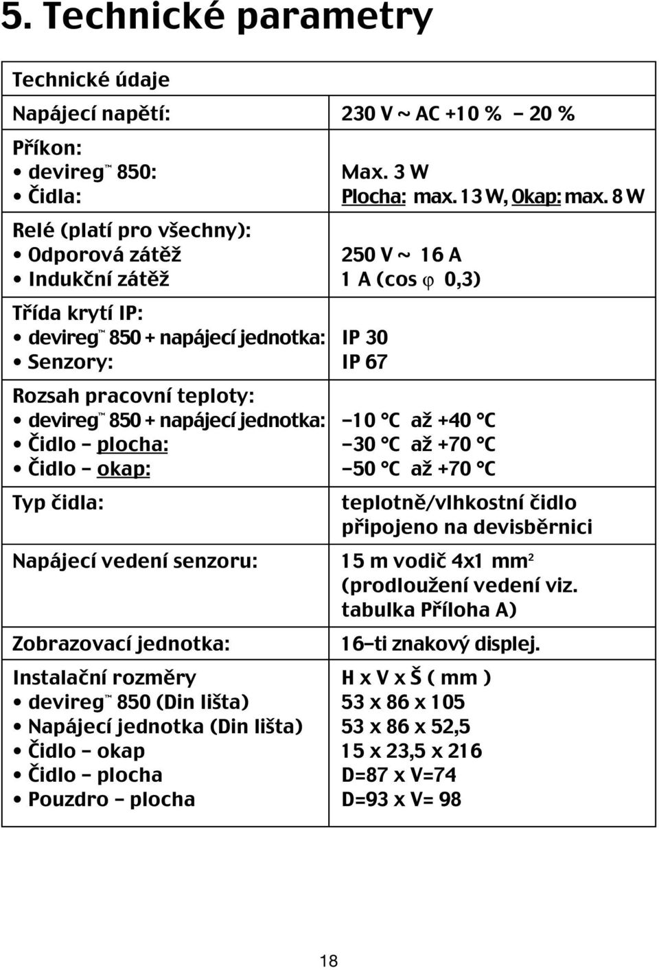 napájecí jednotka: -10 C až +40 C Čidlo plocha: -30 C až +70 C Čidlo okap: -50 C až +70 C Typ čidla: teplotně/vlhkostní čidlo připojeno na devisběrnici Napájecí vedení senzoru: 15 m vodič 4x1 mm 2