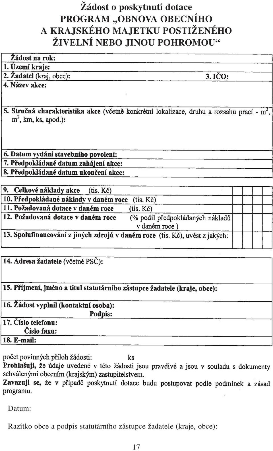 ŽIVELNÍ NEBO JINOU POHROMOU Datum: Razítko