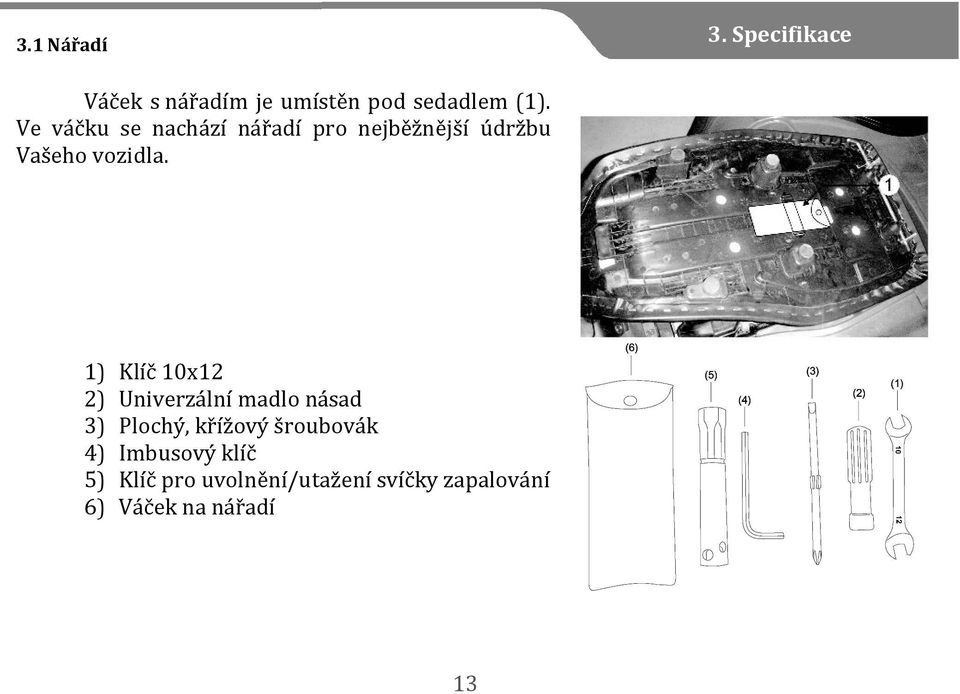 1) Klíč 10x12 2) Univerzální madlo násad 3) Plochý, křížový šroubovák 4)