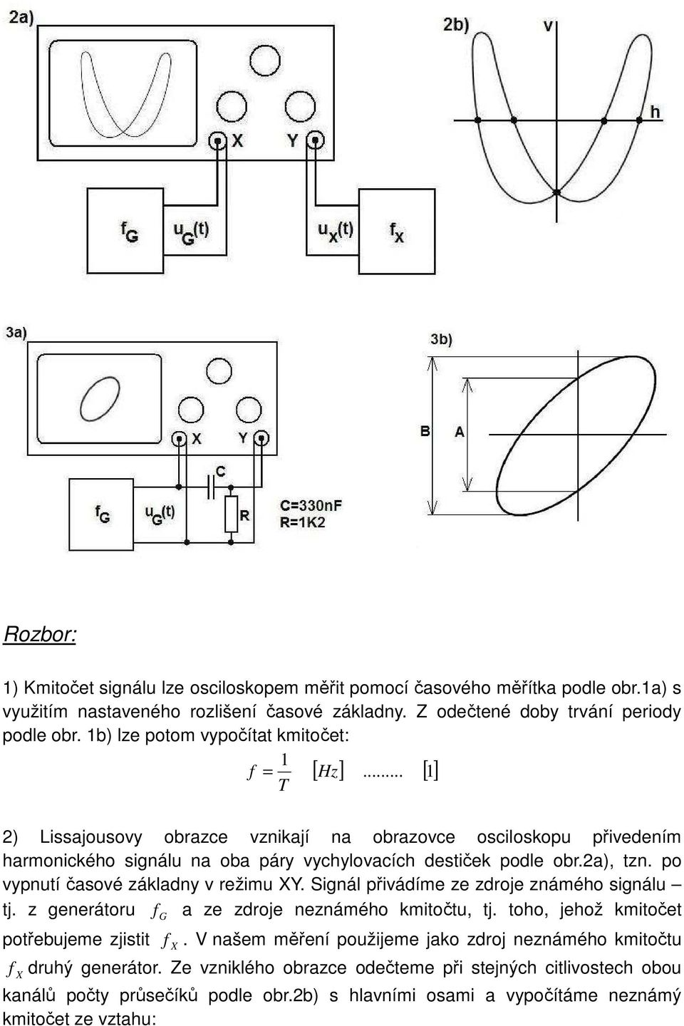 po vypnutí časové základny v režimu XY. Signál přivádíme ze zdroje známého signálu tj. z generátoru a ze zdroje neznámého kmitočtu, tj. toho, jehož kmitočet potřebujeme zjistit X X.