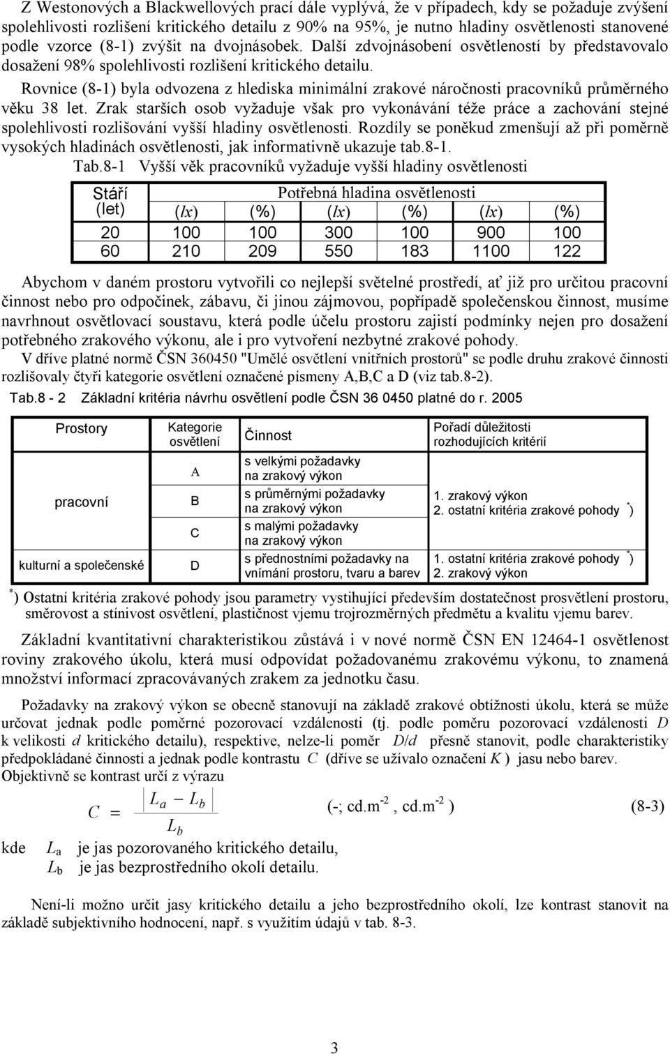 Rovnice (8-1) byla odvozena z hlediska minimální zrakové náročnosti pracovníků průměrného věku 38 let.