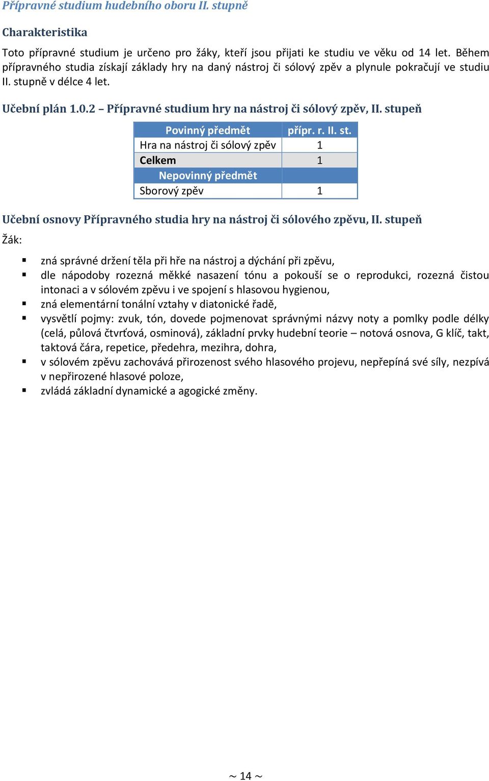 2 Přípravné studium hry na nástroj či sólový zpěv, II. stupeň Povinný předmět přípr. r. II. st. Hra na nástroj či sólový zpěv 1 Celkem 1 Sborový zpěv 1 Učební osnovy Přípravného studia hry na nástroj či sólového zpěvu, II.