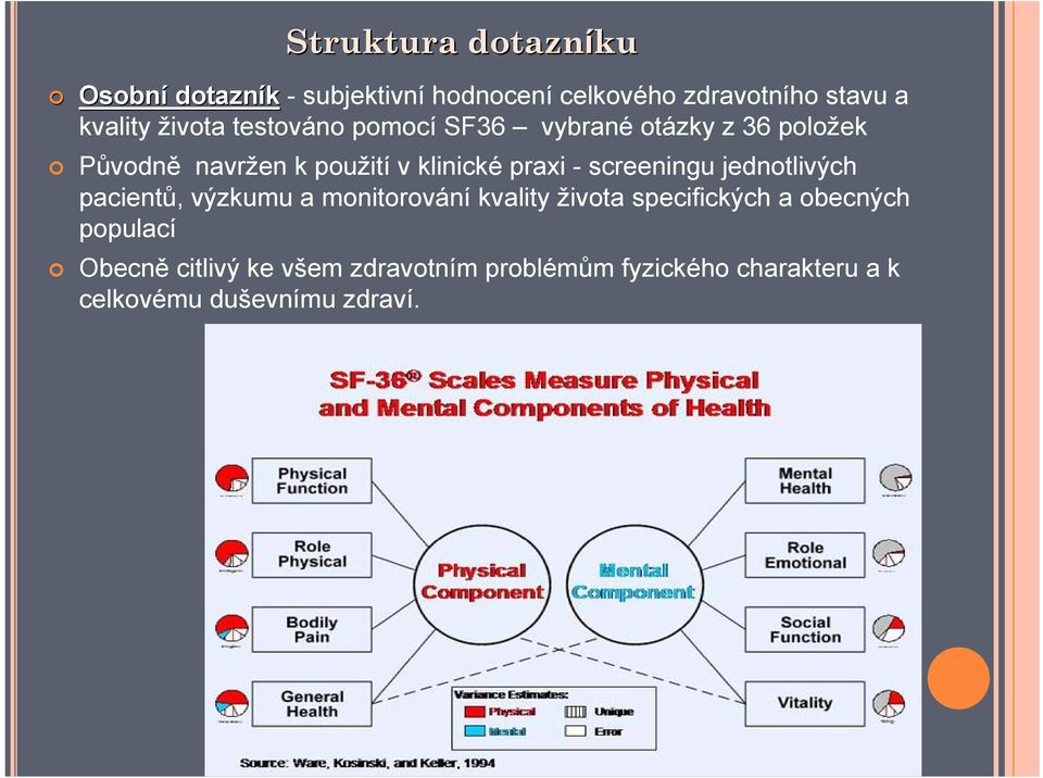 - screeningu jednotlivých pacientů, výzkumu a monitorování kvality života specifických a obecných