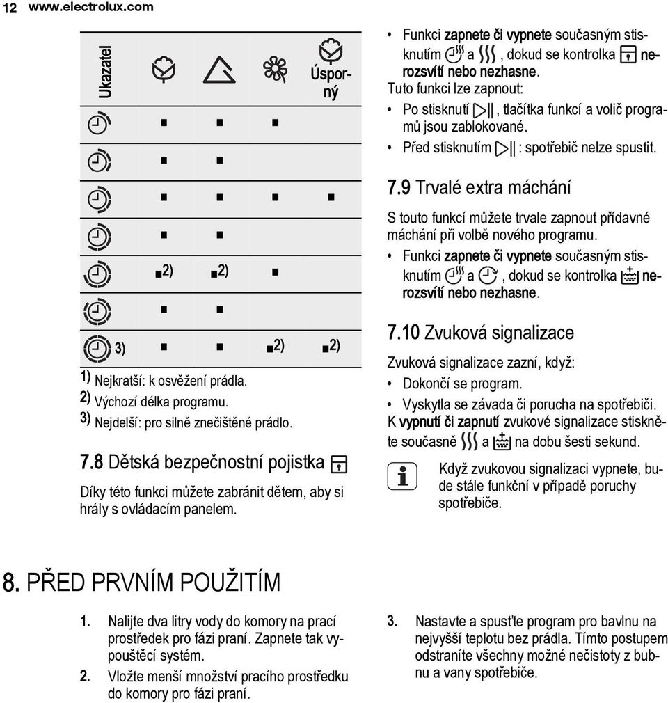 Tuto funkci lze zapnout:, tlačítka funkcí a volič progra Po stisknutí mů jsou zablokované. : spotřebič nelze spustit. Před stisknutím 7.