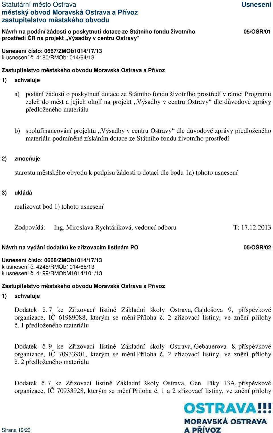 důvodové zprávy předloženého materiálu b) spolufinancování projektu Výsadby v centru Ostravy dle důvodové zprávy předloženého materiálu podmíněné získáním dotace ze Státního fondu životního prostředí