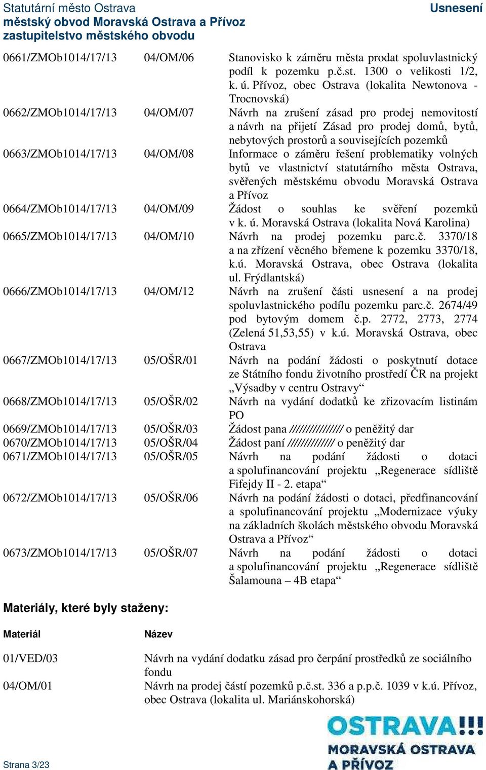 souvisejících pozemků 0663/ZMOb1014/17/13 04/OM/08 Informace o záměru řešení problematiky volných bytů ve vlastnictví statutárního města Ostrava, svěřených městskému obvodu Moravská Ostrava a Přívoz