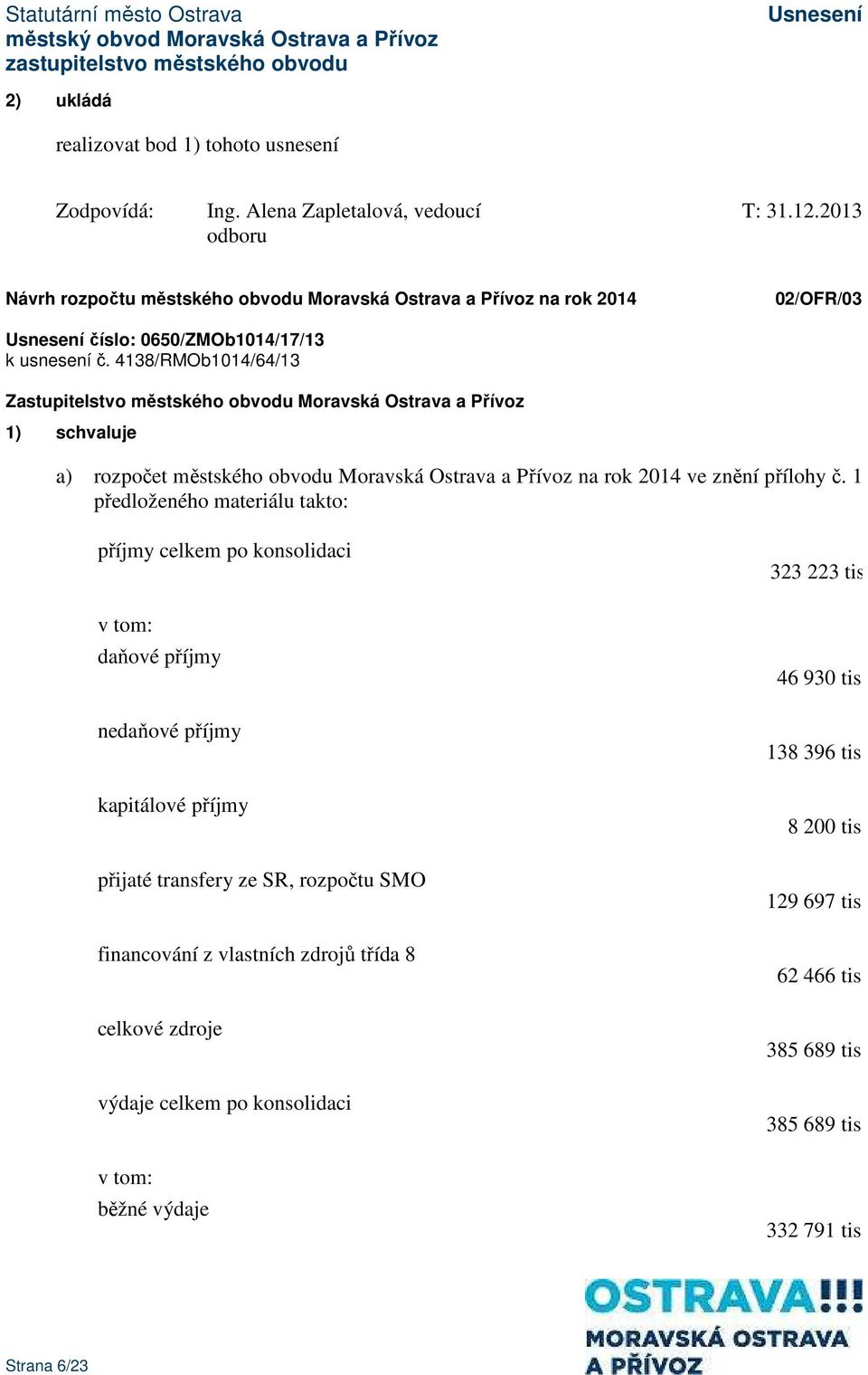 4138/RMOb1014/64/13 1) schvaluje a) rozpočet městského obvodu Moravská Ostrava a Přívoz na rok 2014 ve znění přílohy č.