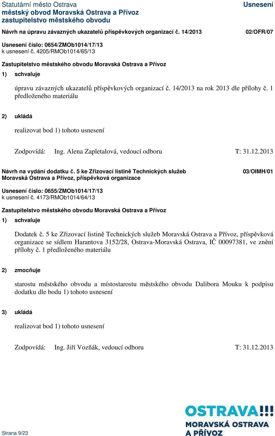 Alena Zapletalová, vedoucí odboru T: 31.12.2013 Návrh na vydání dodatku č.