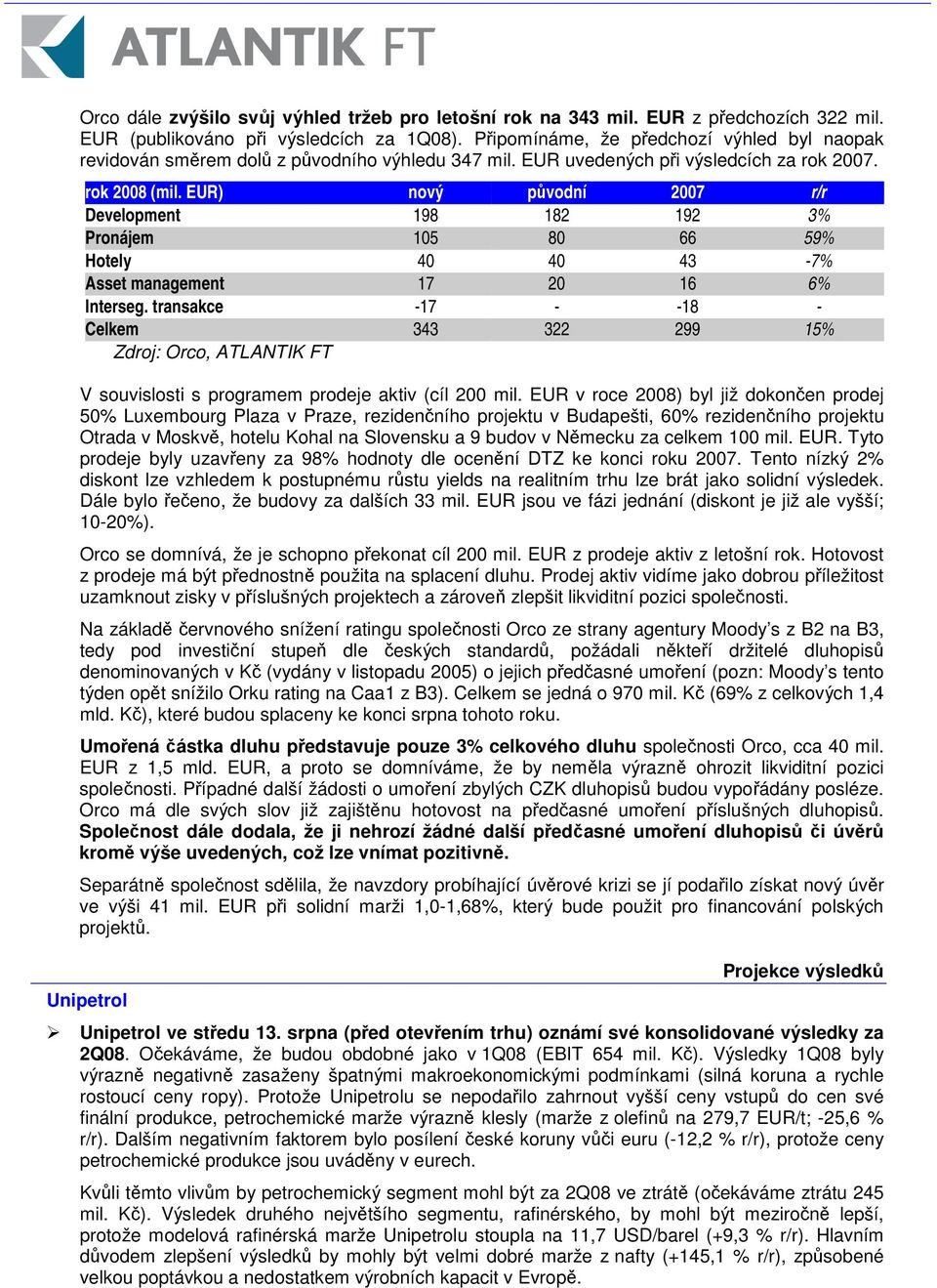 EUR) nový pvodní 2007 r/r Development 198 182 192 3% Pronájem 105 80 66 59% Hotely 40 40 43-7% Asset management 17 20 16 6% Interseg.