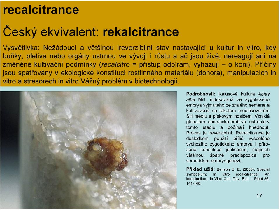 Příčiny jsou spatřovány v ekologické konstituci rostlinného materiálu (donora), manipulacích in vitro a stresorech in vitro.vážný problém v biotechnologii.