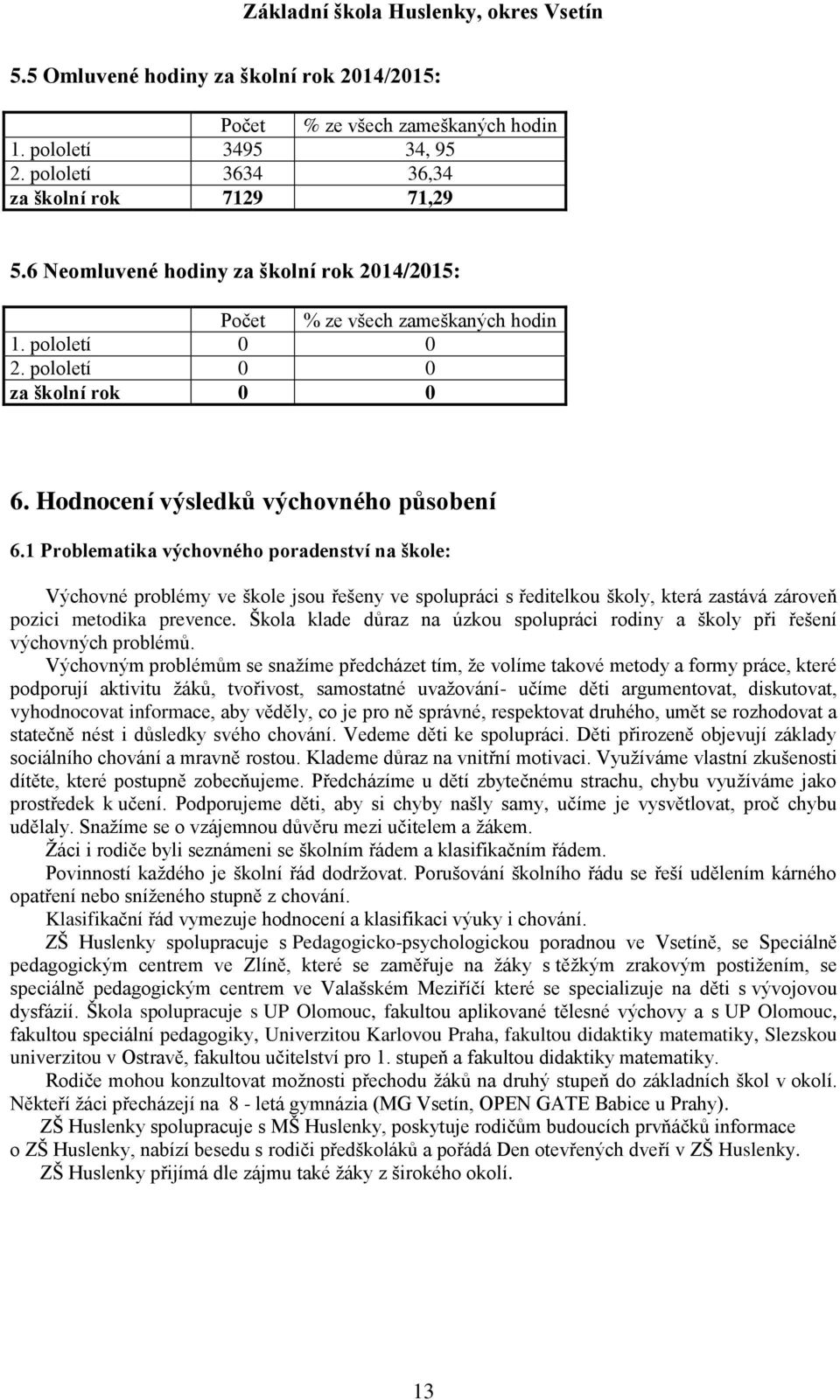 1 Problematika výchovného poradenství na škole: Výchovné problémy ve škole jsou řešeny ve spolupráci s ředitelkou školy, která zastává zároveň pozici metodika prevence.