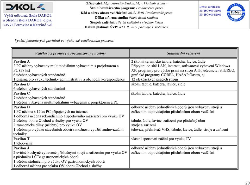 (37 ks) 6 učeben vybavených standardně 1 písárna pro výuku techniky administrativy a obchodní korespondence Pavilon B 6 učeben vybavených standardně Pavilon C 7 učeben vybavených standardně 1 učebna