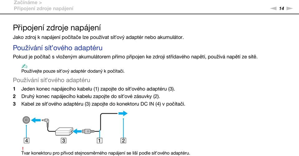 Používejte pouze sít ový adaptér dodaný k počítači. Používání sít ového adaptéru 1 Jeden konec napájecího kabelu (1) zapojte do sít ového adaptéru (3).