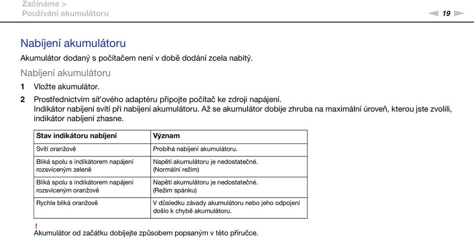 Až se akumulátor dobije zhruba na maximální úroveň, kterou jste zvolili, indikátor nabíjení zhasne.