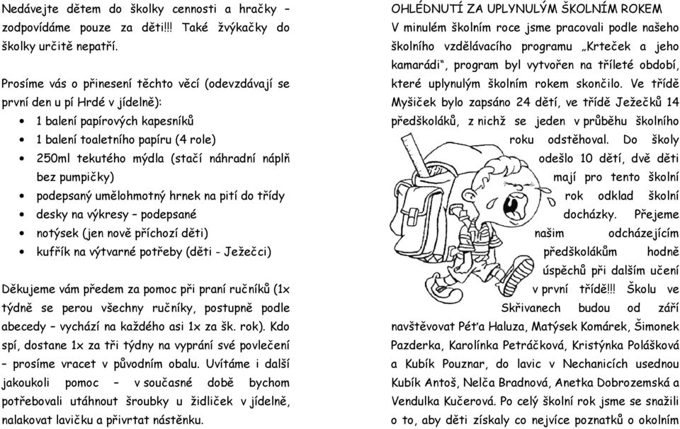 pumpičky) podepsaný umělohmotný hrnek na pití do třídy desky na výkresy podepsané notýsek (jen nově příchozí děti) kufřík na výtvarné potřeby (děti - Ježečci) Děkujeme vám předem za pomoc při praní