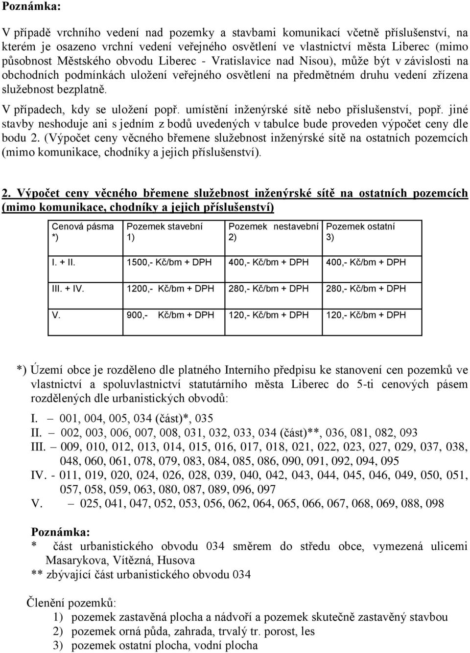 umístění inženýrské sítě nebo, popř. jiné stvby neshoduje ni s jedním z bodů uvedených v tbulce bude proveden výpočet ceny dle bodu 2.