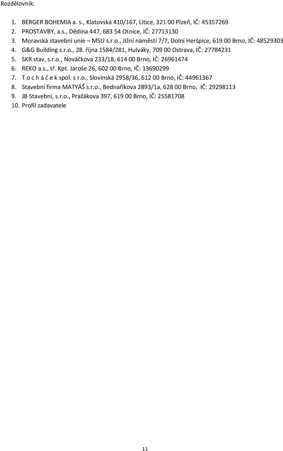 října 1584/281, Hulváky, 709 00 Ostrava, IČ: 27784231 5. SKR stav, s.r.o., Nováčkova 233/18, 614 00 Brno, IČ: 26961474 6. REKO a.s., tř. Kpt.